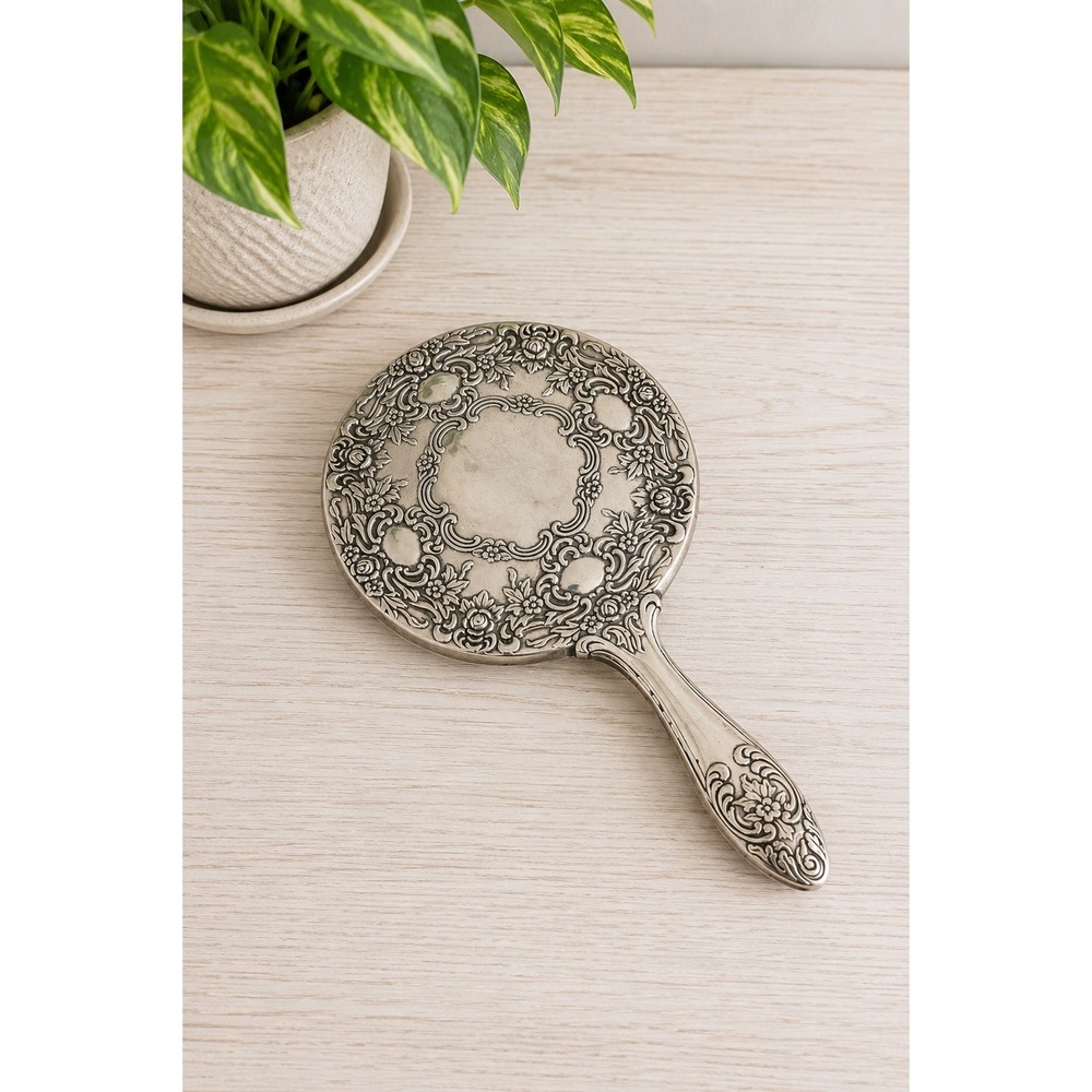 Vintage Silver Plated Hand Mirror Ornate Floral Repoussé Vanity Gothic Victorian